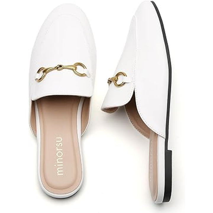 New Minorsu Womens Size 6.5 White Faux Leather Close Toe Slip On Flat Mule Shoes
