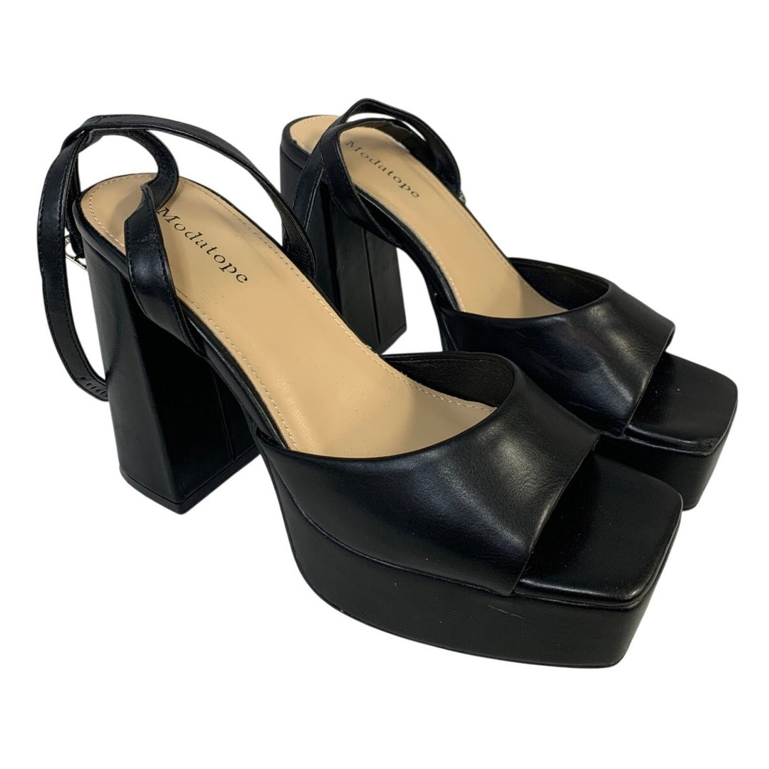 Modatope Womens 7.5 Black 5" Platform Heel Open Square Toe Ankle Strap Shoes