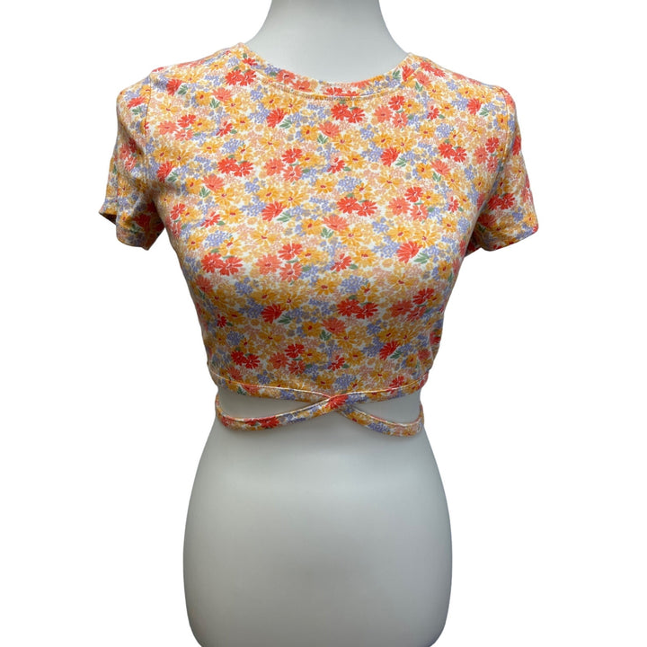 Arizona Womens Medium Cropped Straps Short Sleeve Floral Tee Halter Top Shirt