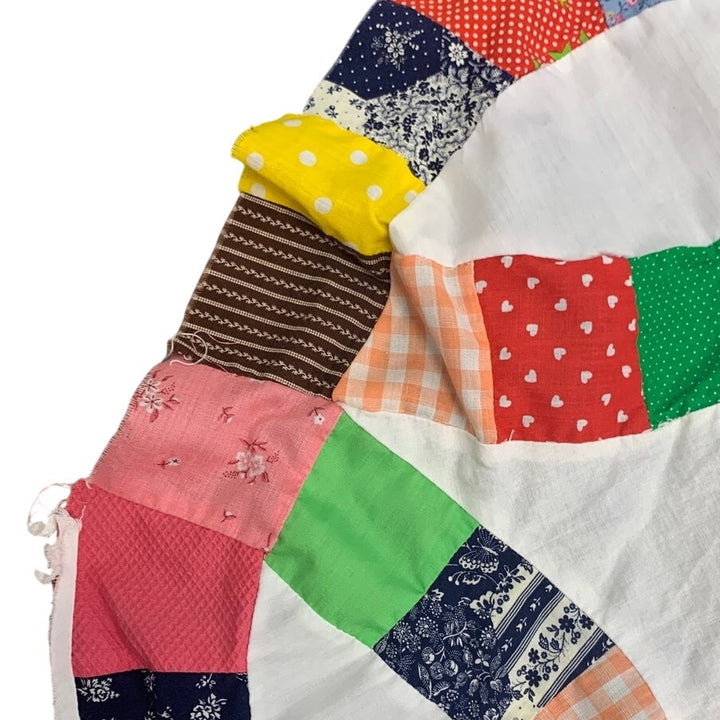 Vintage Hand Pieced Round Cotton Fabric Quilt Topper Hand Sewn Craft Project