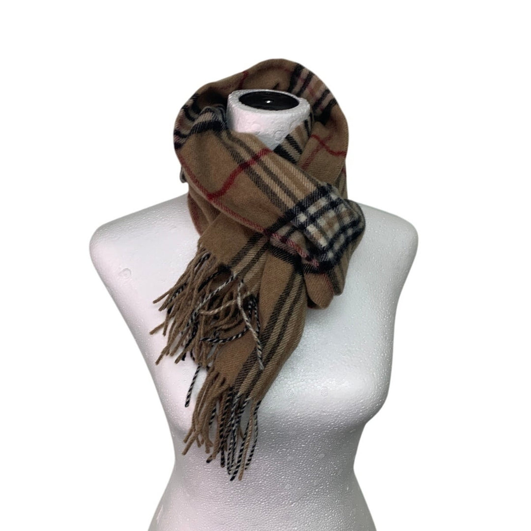 NWT New Valentin Fraas Womens One Size 100% Lambs Wool Tan Plaid Fringe Scarf