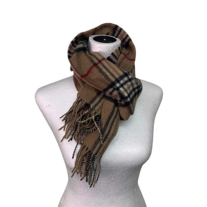 NWT New Valentin Fraas Womens One Size 100% Lambs Wool Tan Plaid Fringe Scarf