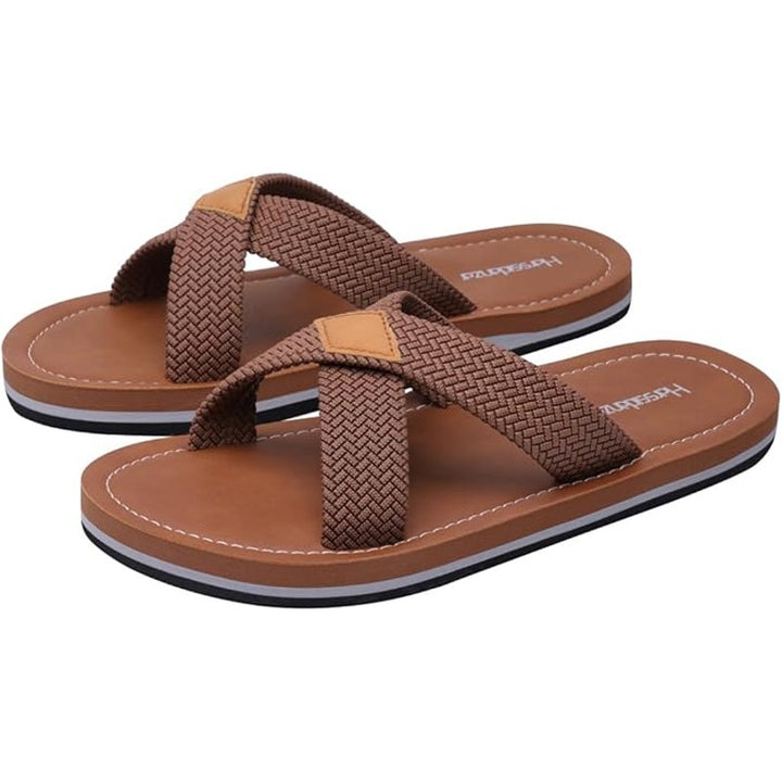 New Harssidanzar Mens Size 10 Brown Open Toe Braided Look Slide Sandals w Flaw