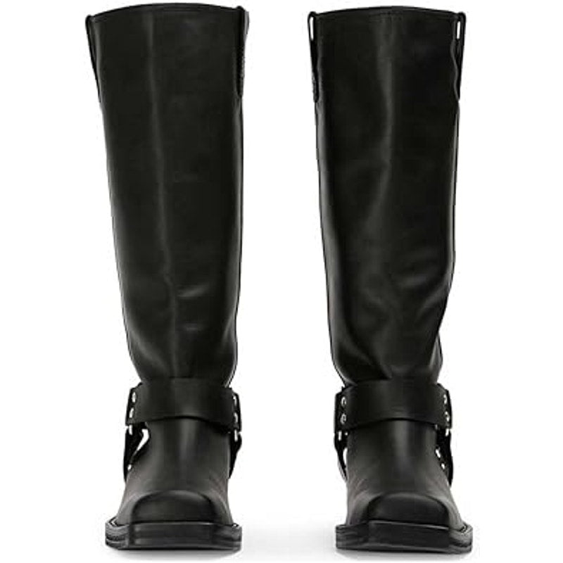 Fifsy Womens Size 6.5 Black Faux Leather 1.5" Heel Pull On Riding Boots Shoes