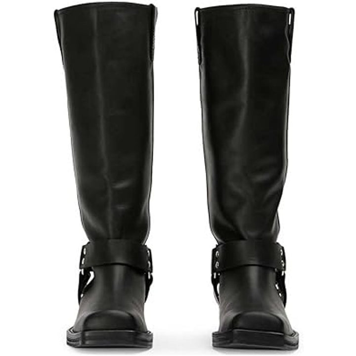 Fifsy Womens Size 6.5 Black Faux Leather 1.5" Heel Pull On Riding Boots Shoes