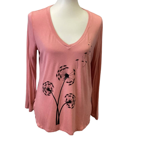 Hand Printed Upcycled Medium Dandelion Make a Wish V-Neck Long Sleeve Tee Shirt