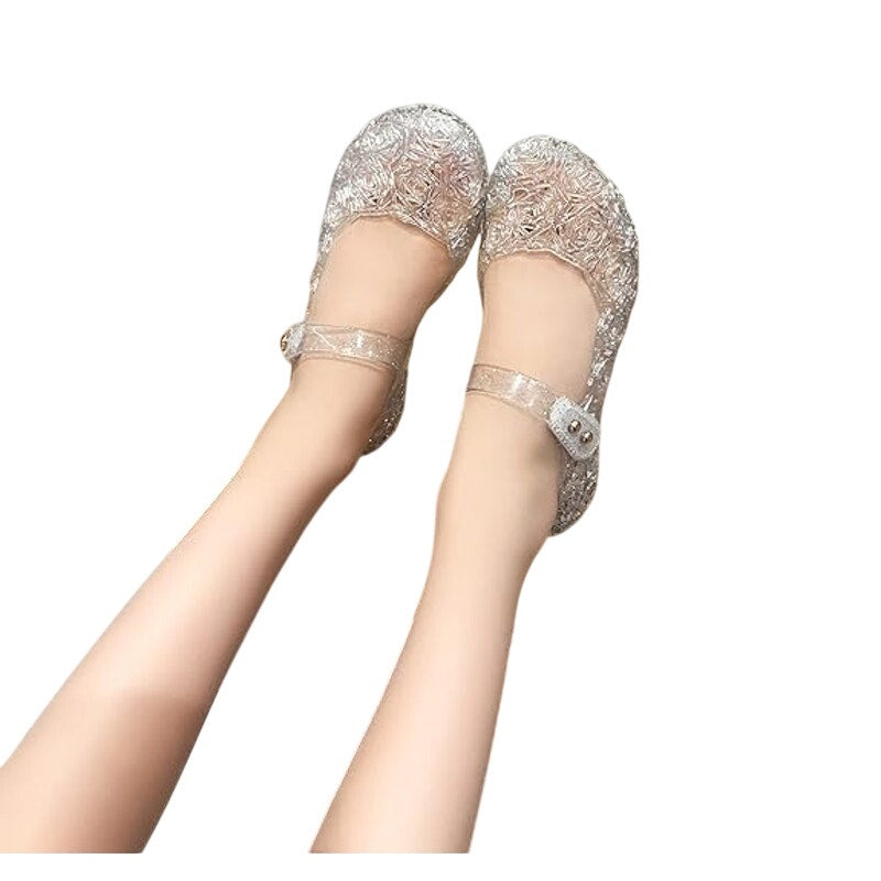 OMGard Little Girls Size 11 Clear Glitter Flats Floral Mary Jane Jelly Shoes