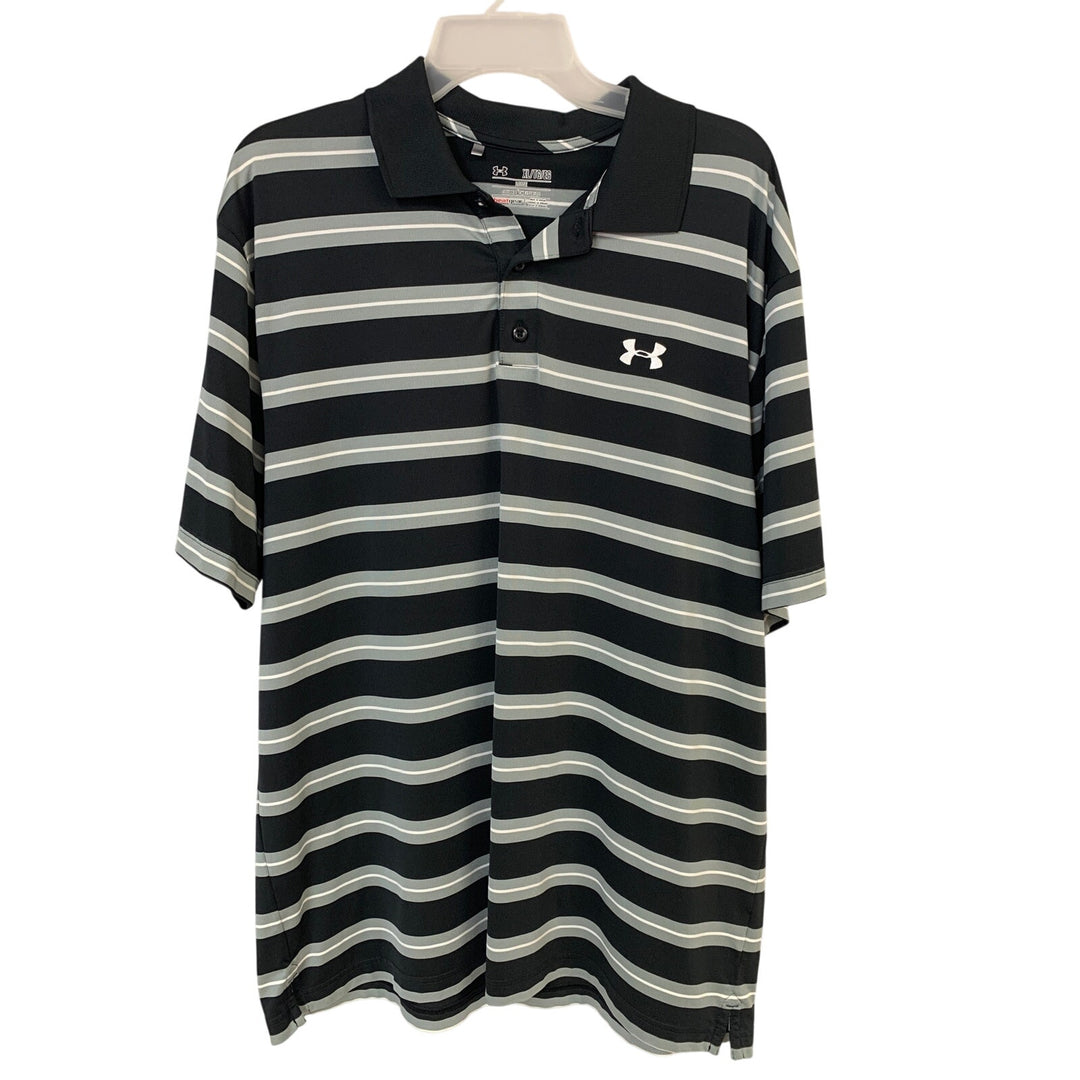 Under Armour Mens XL Black Loose Heat Gear Striped Short Sleeve Polo Shirt