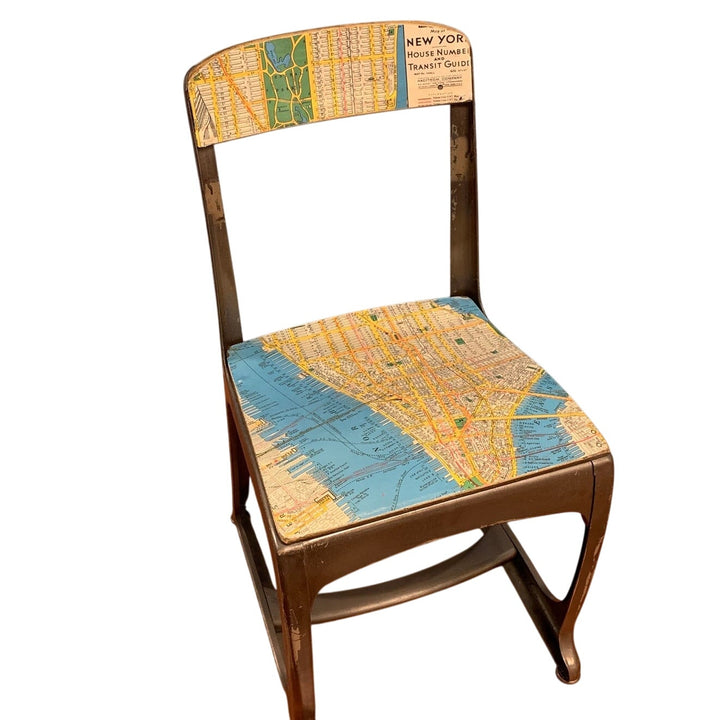 Vintage Small Metal &amp; Wood Child Desk Chair Decoupaged w 1952 Manhattan Map