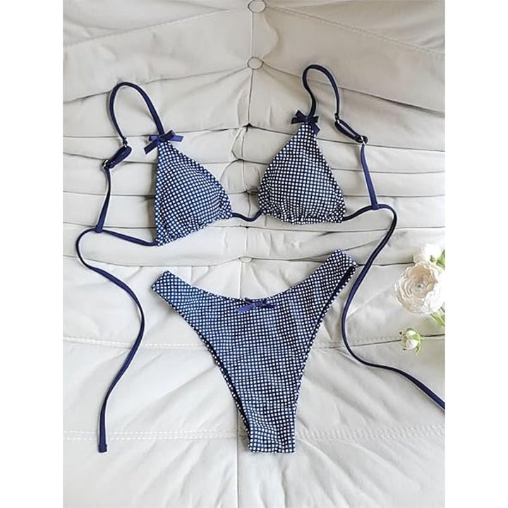 Seamoly Womens Small Gingham Tie Back Two Piece Thong Triangle Bikini Swimsuit