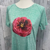 Hand Printed Upcycled XL Watercolor Peony Flower Polyester Blend Crew Neck Tee