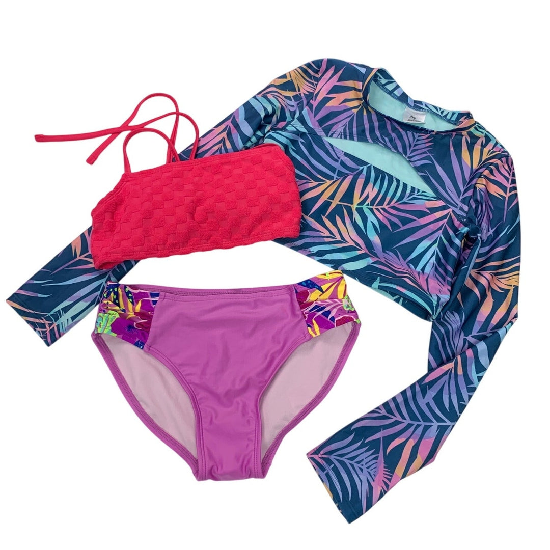 Lot of 3 New Art Class Cat &amp; Jack Girls Large Tropical Swim Tops Bikini Bottom