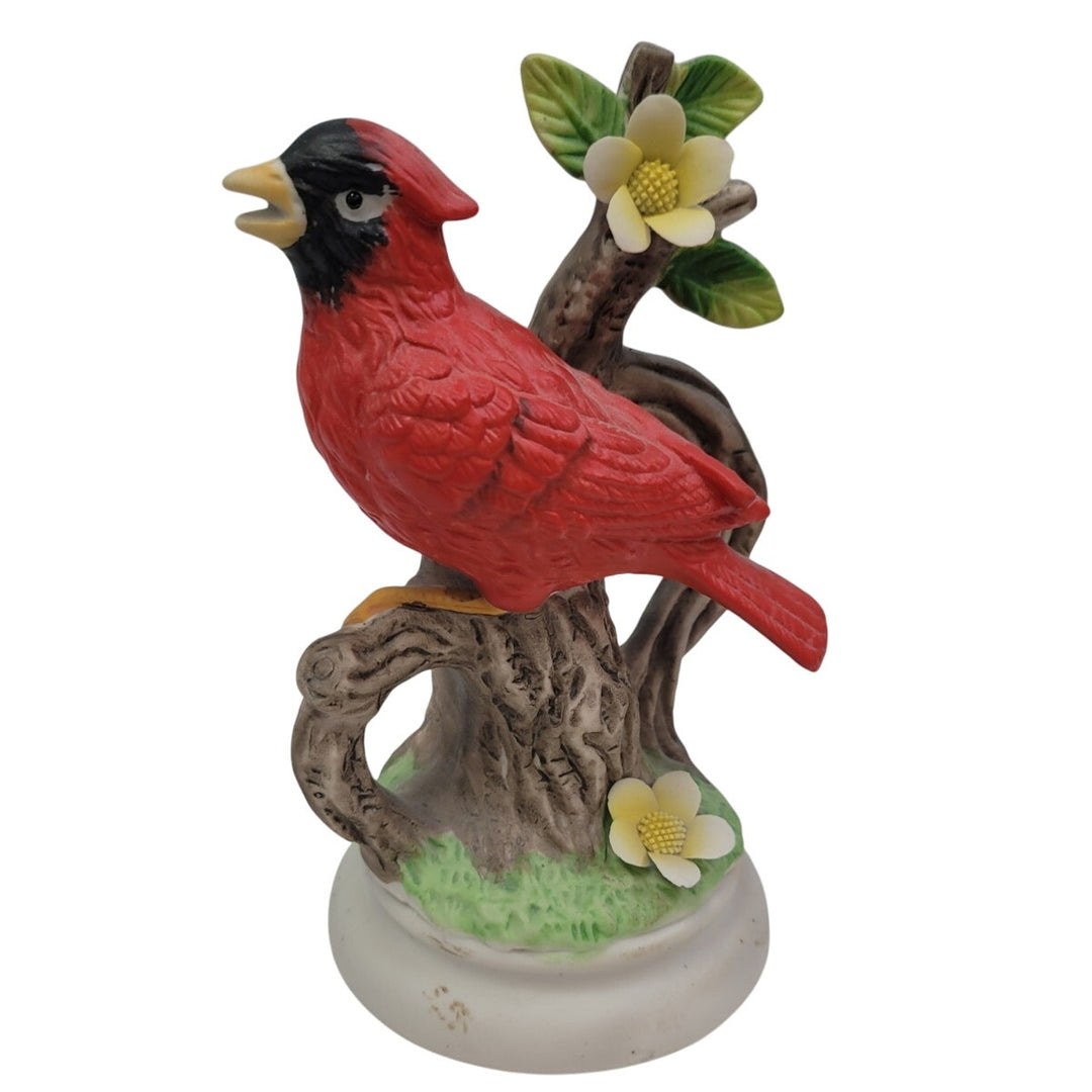 Vintage 1990s Red Cardinal Bird on Tree w Flower Ceramic Collectible Figurine
