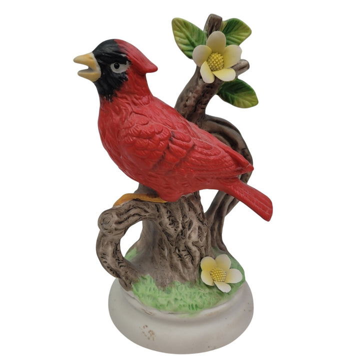 Vintage 1990s Red Cardinal Bird on Tree w Flower Ceramic Collectible Figurine