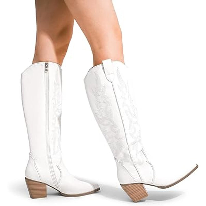 Dream Pairs Womens Size 9.5 White Faux Leather 3" Chunky Heel Cowboy Boot Shoes