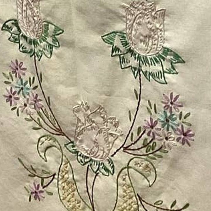 Vintage Handmade Needlepoint Cross Stitch Floral Cloth Table Runner Centerpiece