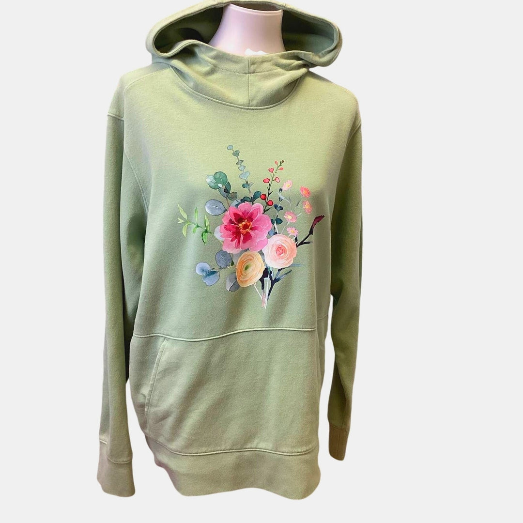 Hand Printed Medium Upcycled Watercolor Flower Peony Aster Bouquet Hoodie