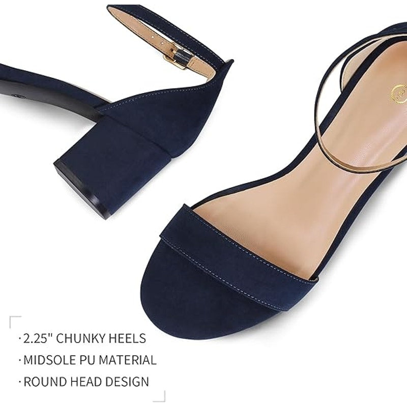 Mysoft Womens 9 Navy Blue 2.25" Chunky Heel Open Round Toe Ankle Strap Shoes