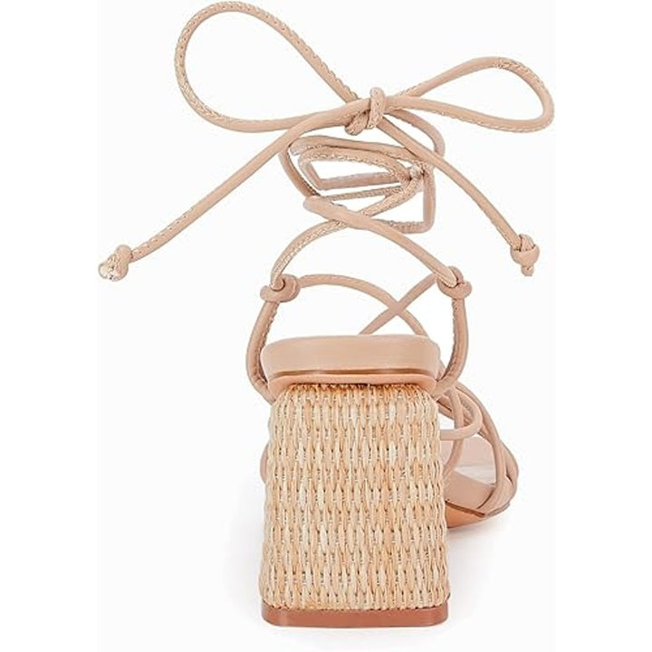 PiePieBuy Womens 9 Tan Gladiator Lace Up 3.5" Chunky Braided Heel Sandal Shoes