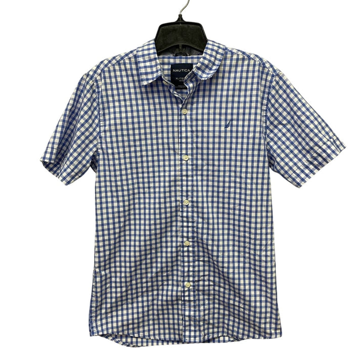 Nautica Boys XL (18/20) Short Sleeve White Blue Plaid Button Up Casual Shirt