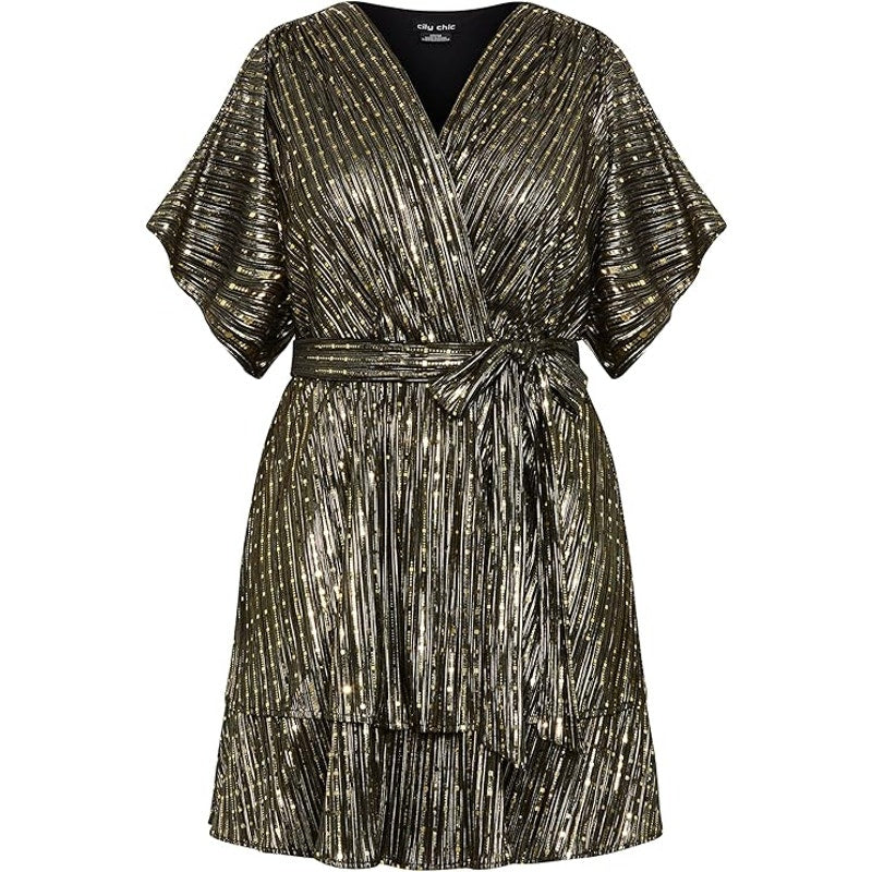 City Chic Women Size 24 Frida Gold Sequin Short Sleeve Sparkle Faux Wrap Dress