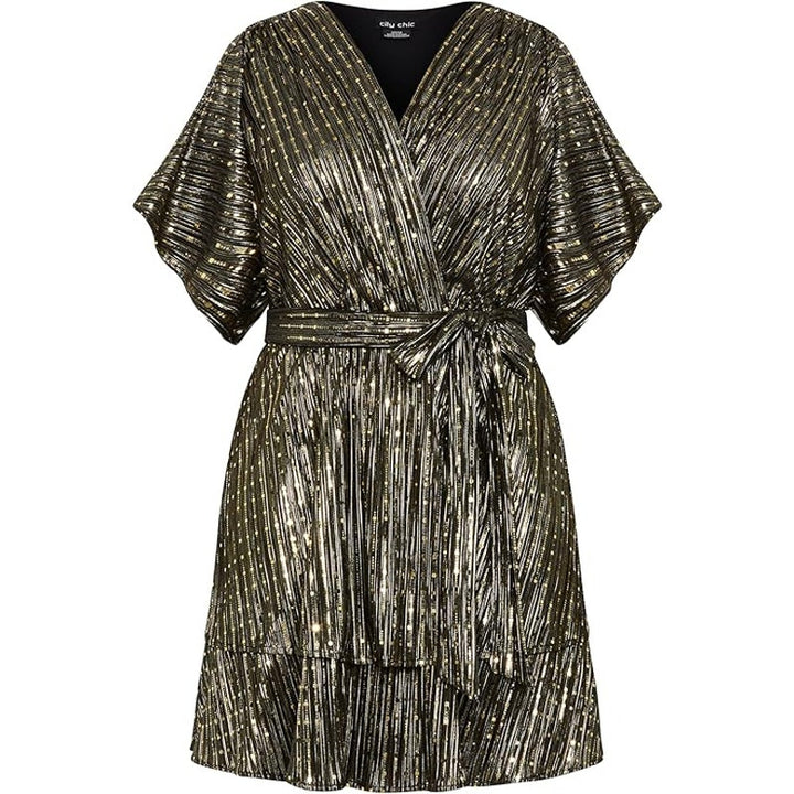City Chic Women Size 24 Frida Gold Sequin Short Sleeve Sparkle Faux Wrap Dress