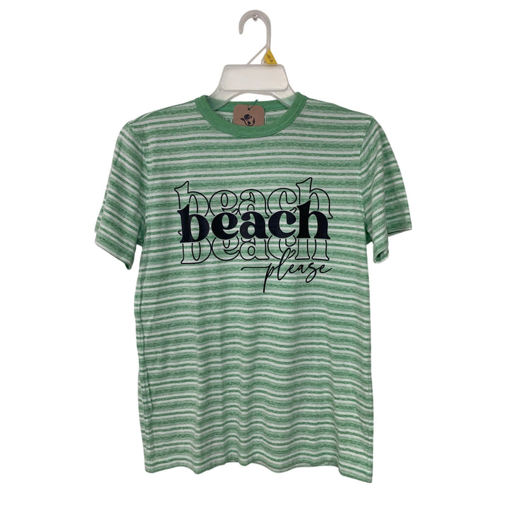 New Upcycled Hand Printed Womens Medium Striped Beach Please Crew Neck Tee
