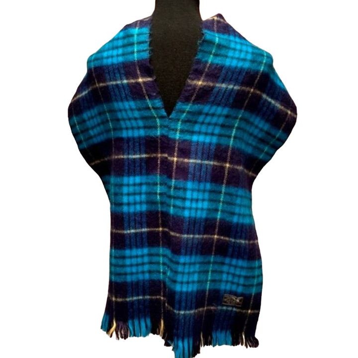 Handmade Upcycled Cashmere Feel Acrylic Soft Blue Plaid Warm Poncho Wrap