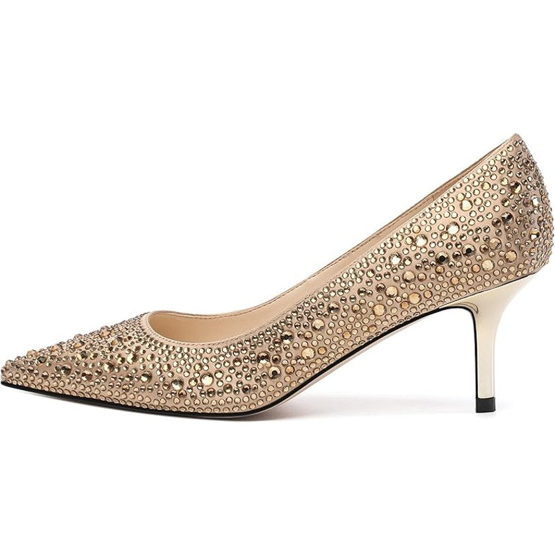 Justvindo Womens Size 8.5 Gold Satin Rhinestone 2.5" Heel Closed Point Toe Shoes