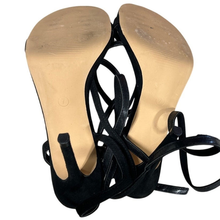 Coutgo Womens Size 7 Black Faux Suede Strappy Lace Up 4" Heel Ankle Strap Shoes