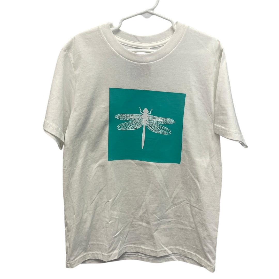 New Hand Printed Upcycled Youth Kids Medium Dragonfly Short Sleeve Tee Shirt