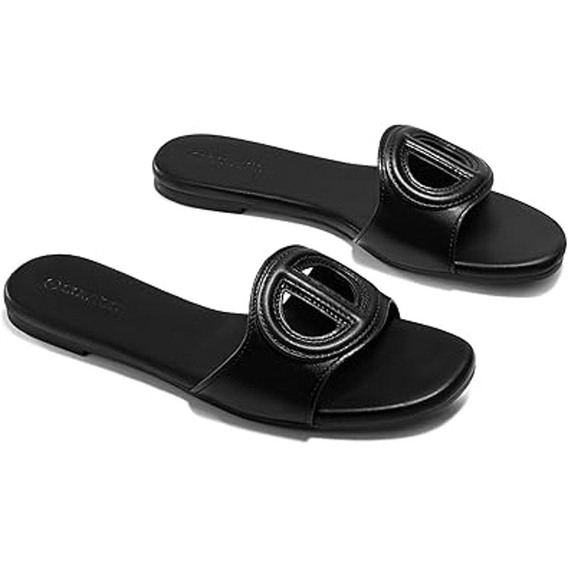Coutgo Womens Size 7.5 Black Faux Leather Slide On Open Toe Dressy Flat Sandals