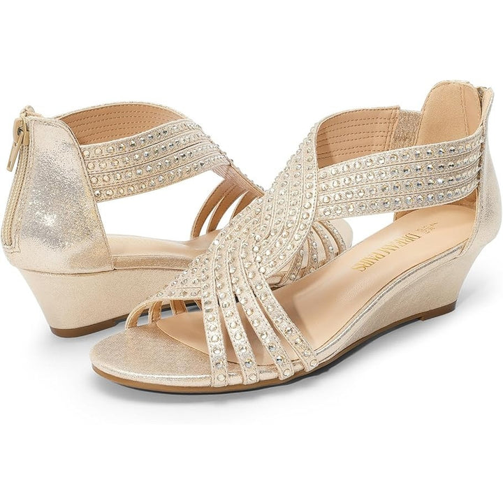 Dream Pairs Womens Size 8 Gold Rhinestone Open Toe 2" Wedge Heel Sparkle Sandals