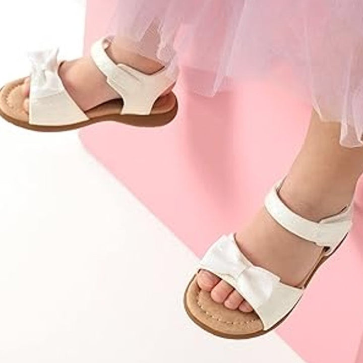 Dream Pairs Little Girls Size 11 White Glitter Hook Loop Bow Flat Sandals Shoes