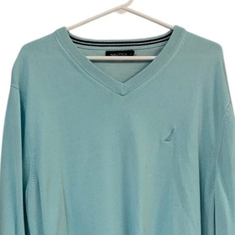 Nautica Mens XL Light Blue Long Sleeve Cotton Blend V Neck Pullover Sweater