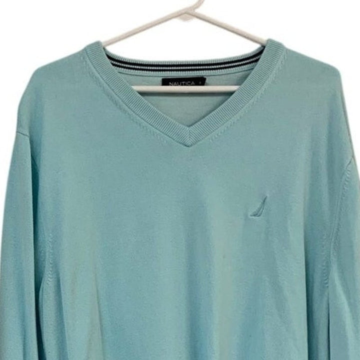 Nautica Mens XL Light Blue Long Sleeve Cotton Blend V Neck Pullover Sweater
