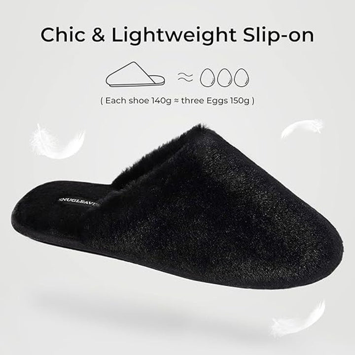 Snug Leaves Womens Size 9-10 Black Fuzzy Slippers Memory Foam Slip On Shoes