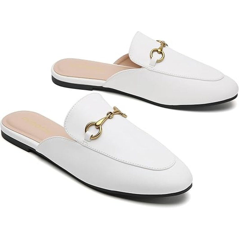 New Minorsu Womens Size 6.5 White Faux Leather Close Toe Slip On Flat Mule Shoes