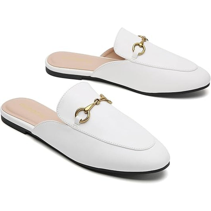 New Minorsu Womens Size 6.5 White Faux Leather Close Toe Slip On Flat Mule Shoes