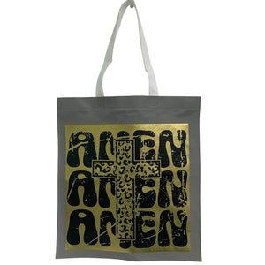 New Upcycled Hand Printed Amen Amen Amen Jesus God Cross Shopper Tote Bag
