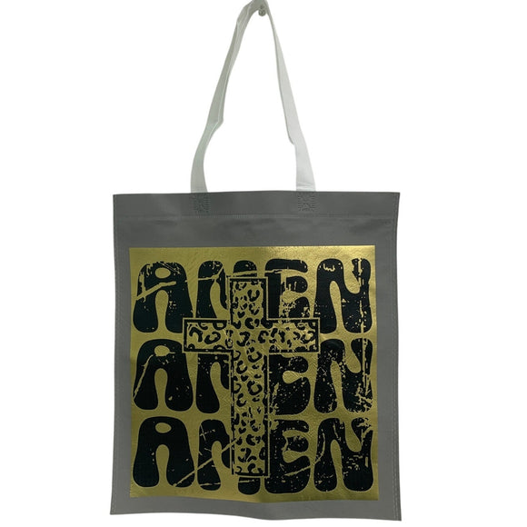 New Upcycled Hand Printed Amen Amen Amen Jesus God Cross Shopper Tote Bag
