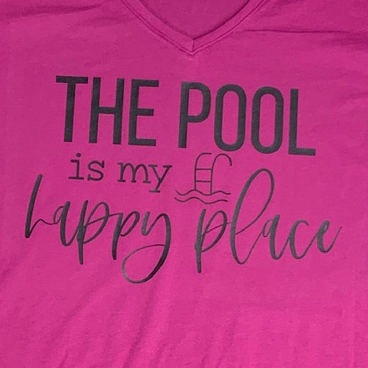 Upcycled Hand Printed Womens Plus 26/28 Pool is My Happy Place Short Sleeve Tee