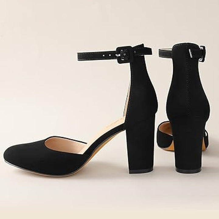 Ankis Womens Size 8 Black Faux Suede Closed Toe Ankle Strap 4" Heels Pumps Shoes