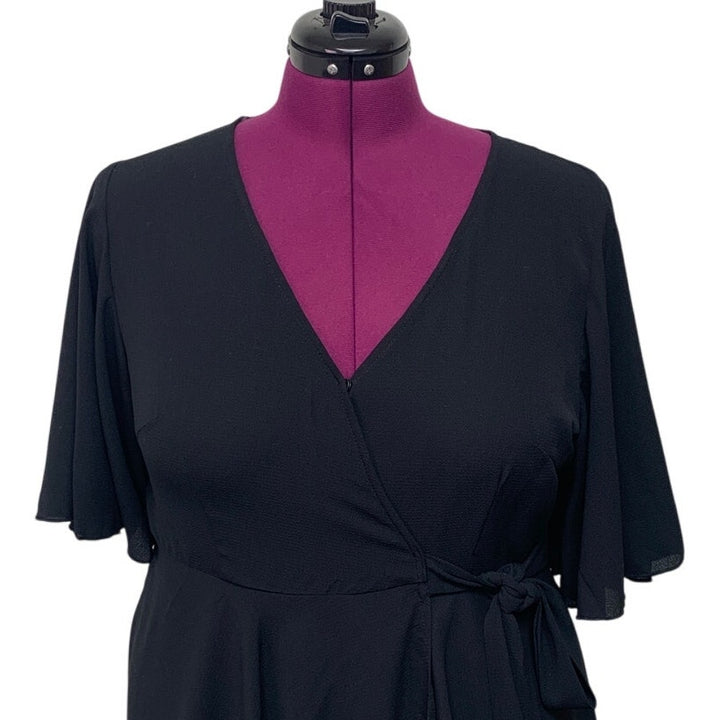 Womens 1X Black 100% Polyester Flowy Half Sleeve Belt Tie V Neck Wrap Top