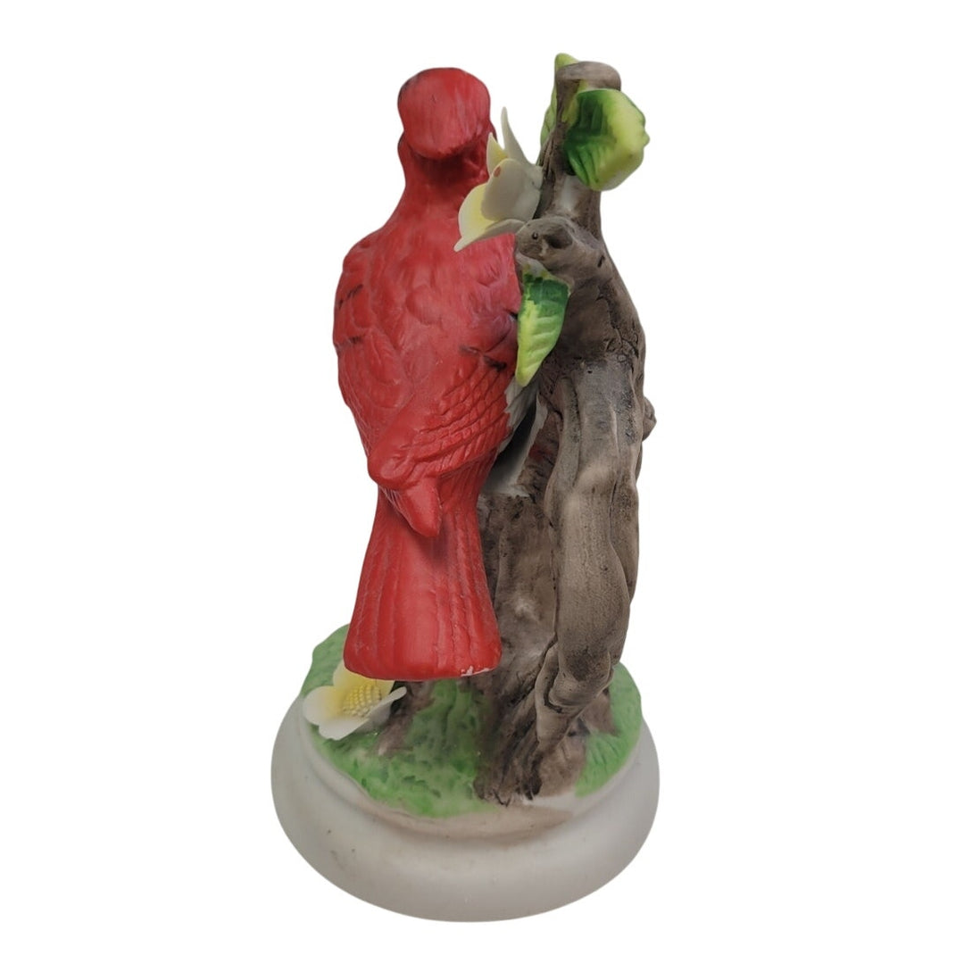 Vintage 1990s Red Cardinal Bird on Tree w Flower Ceramic Collectible Figurine