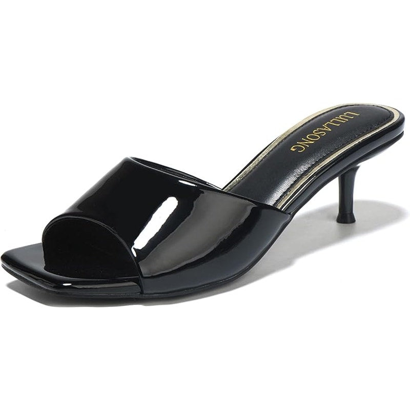 Lullasong Womens 8.5 Black Patent Leather Slide On Open Toe 2.5" Kitten Heels