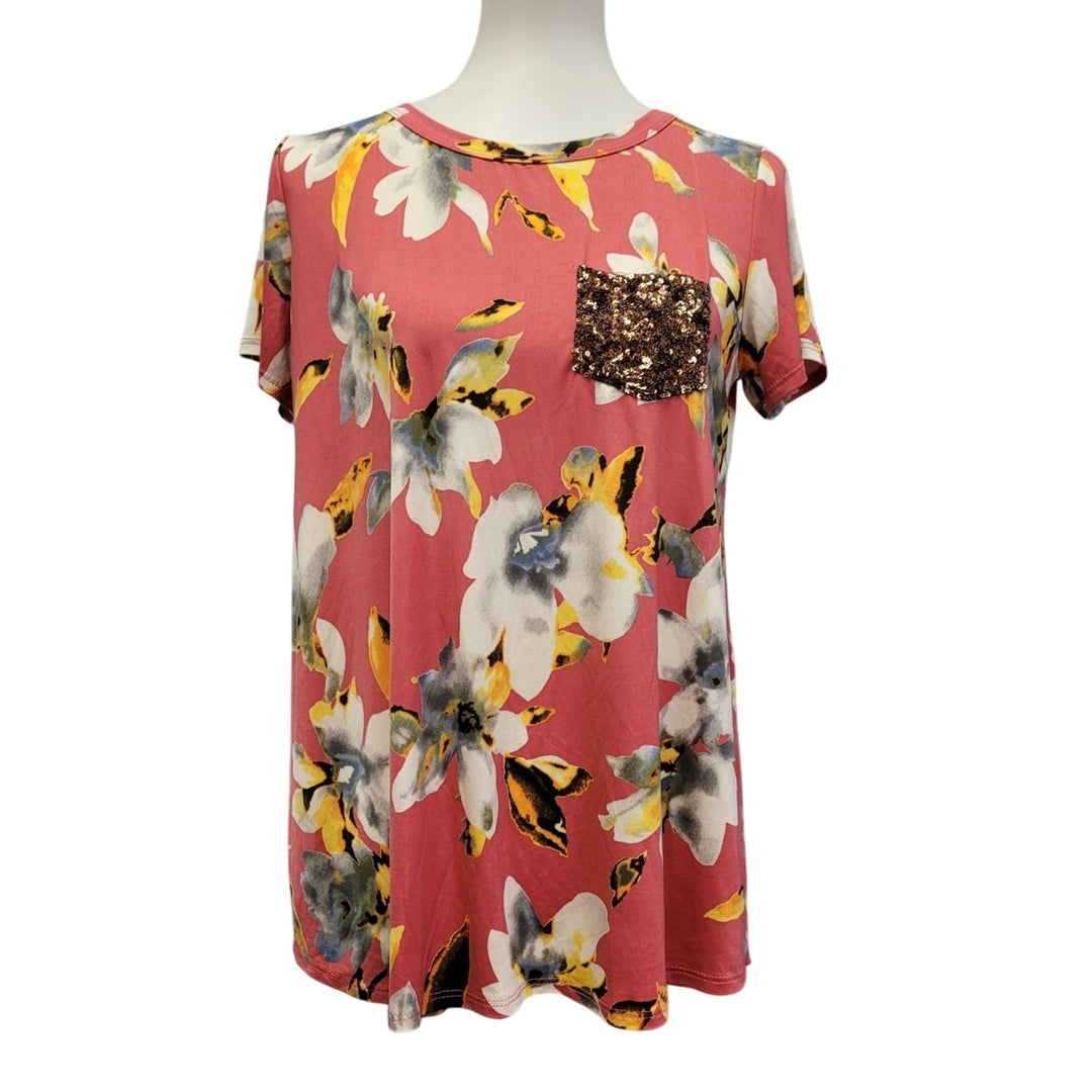 Heimish USA Womens Medium Floral Crew Neck Tee w Sequined Pocket