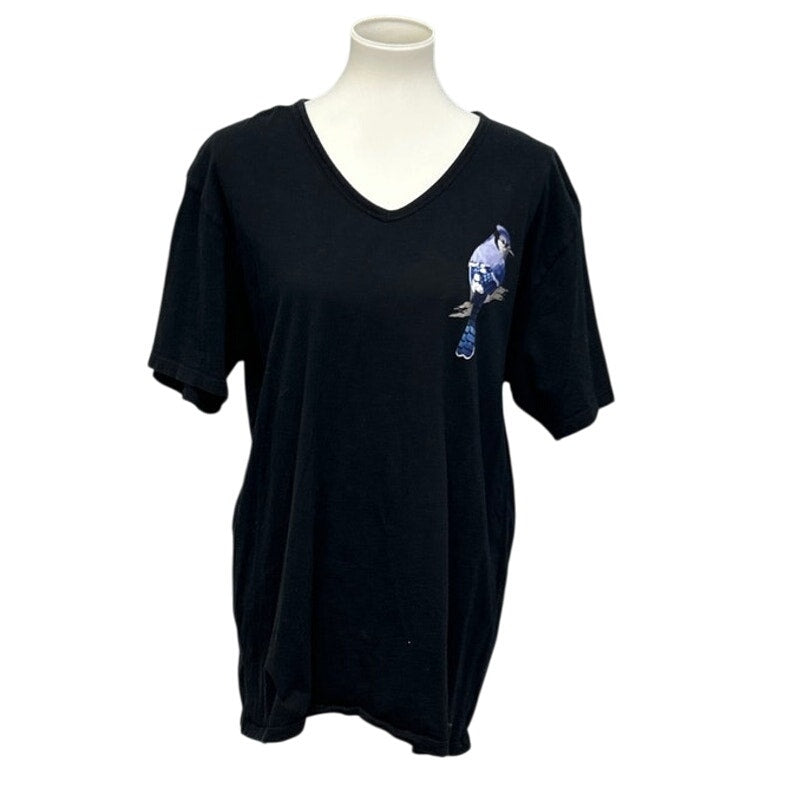 Hand Printed Womens XL Blue Jay Bird V-Neck Slim Fit 100% Cotton Tee Shirt