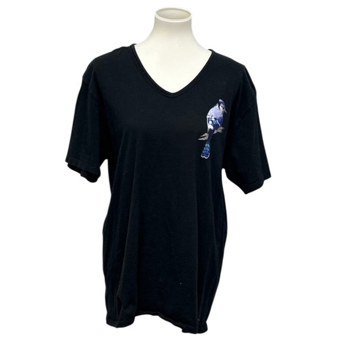 Hand Printed Womens XL Blue Jay Bird V-Neck Slim Fit 100% Cotton Tee Shirt