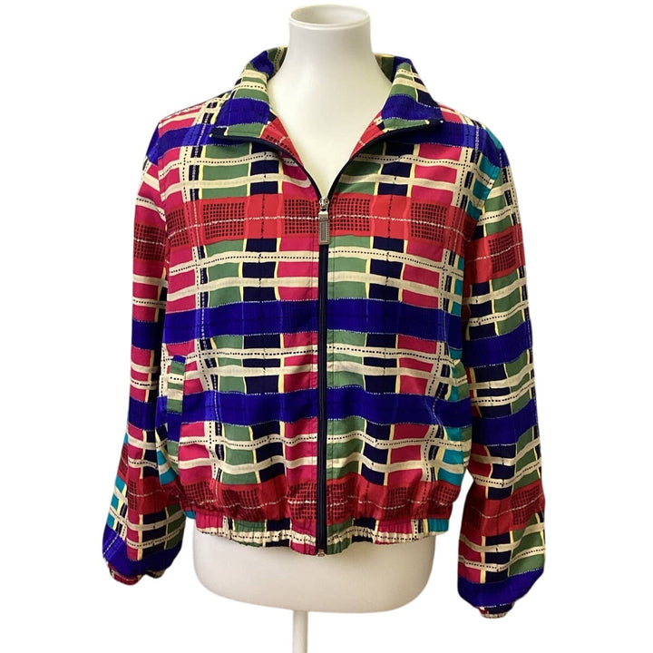 Vintage 1990s Petite Large Long Sleeve Full Zip Plaid Jacket with Shoulder Pads